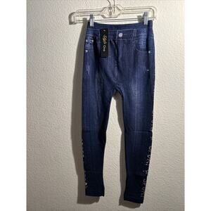 Women’s Style One Regular One Size Leggings Navy Blue Sport Rhinestones On Legs